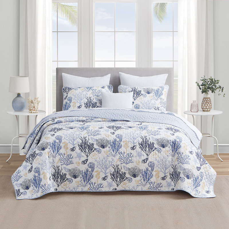Twin Blue Cotton Reversible Nautical Quilt Set