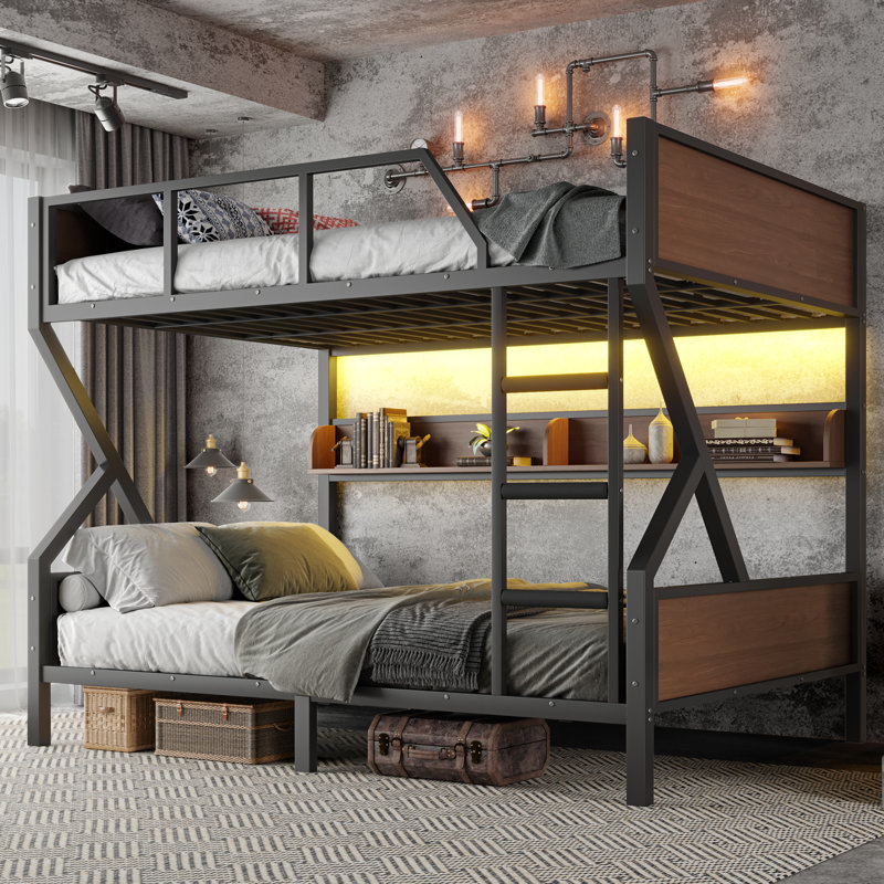 Queen Over Queen Bunk Bed With Storage Shelves And Led Lights, Metal Bunk Bed Frame For Kid Teens, Space-saving & Noise-free Design, Black