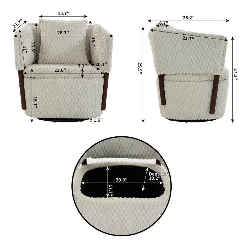 Fauteuil demi-tonneau pivotant de 25,6 po de largeur avec rangement caché et coussin lombaire, Blanc