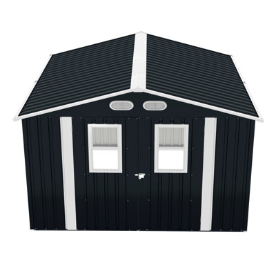 Outdoor Storage Shed, 8X8  Protective Film, Four Daylight Windows Lockable Doors,A Practical And Thoughtful Gift,Two Colors Can Be Freely Selected Dark Gray Storage Sheds