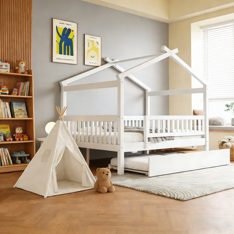 Full Size Wooden House Bed With Trundle, Full, White
