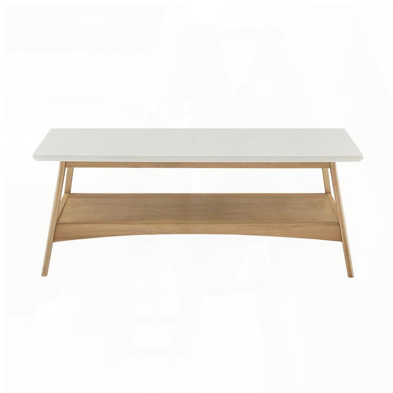 Table basse rectangulaire à deux tons avec tablette inférieure - plateau blanc et base naturelle, Bois naturel