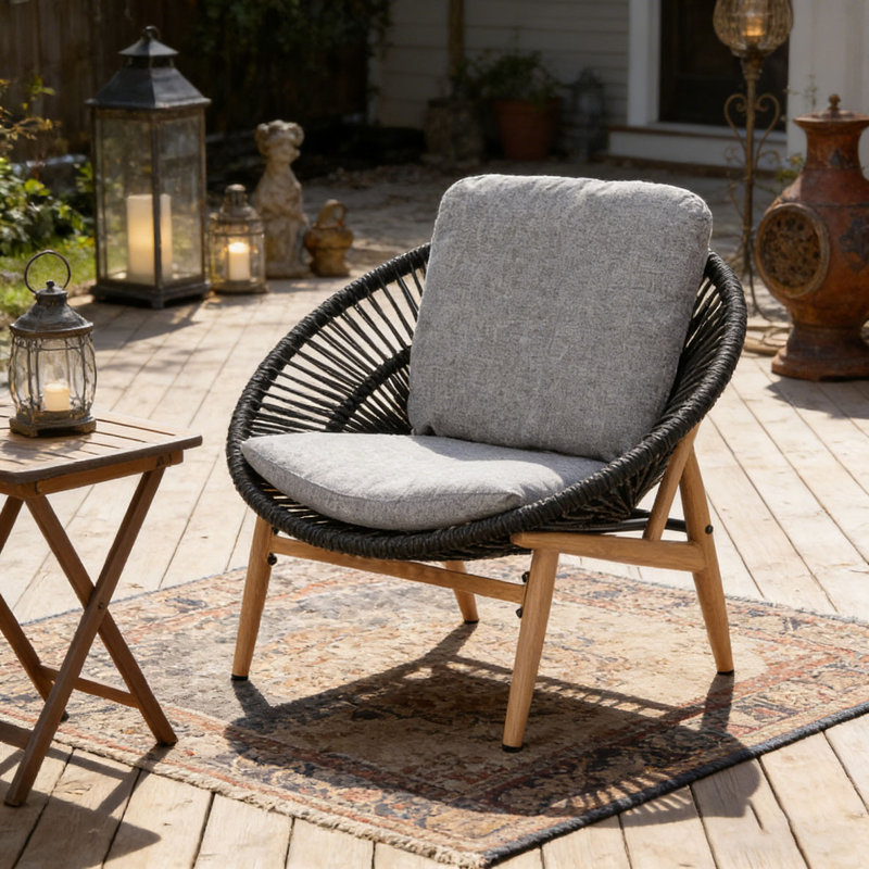 Chaise longue d'extérieur en osier, blac-1, Gris