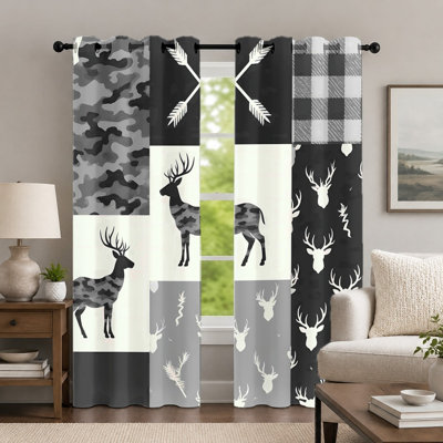2Pcs Black and White Deer-Pattern Curtains, Patchwork Style Window Drapes, Modern Rustic Woodland Animal Print Grommet Panels, Decorative Window Treatment for Bedroom Living Room