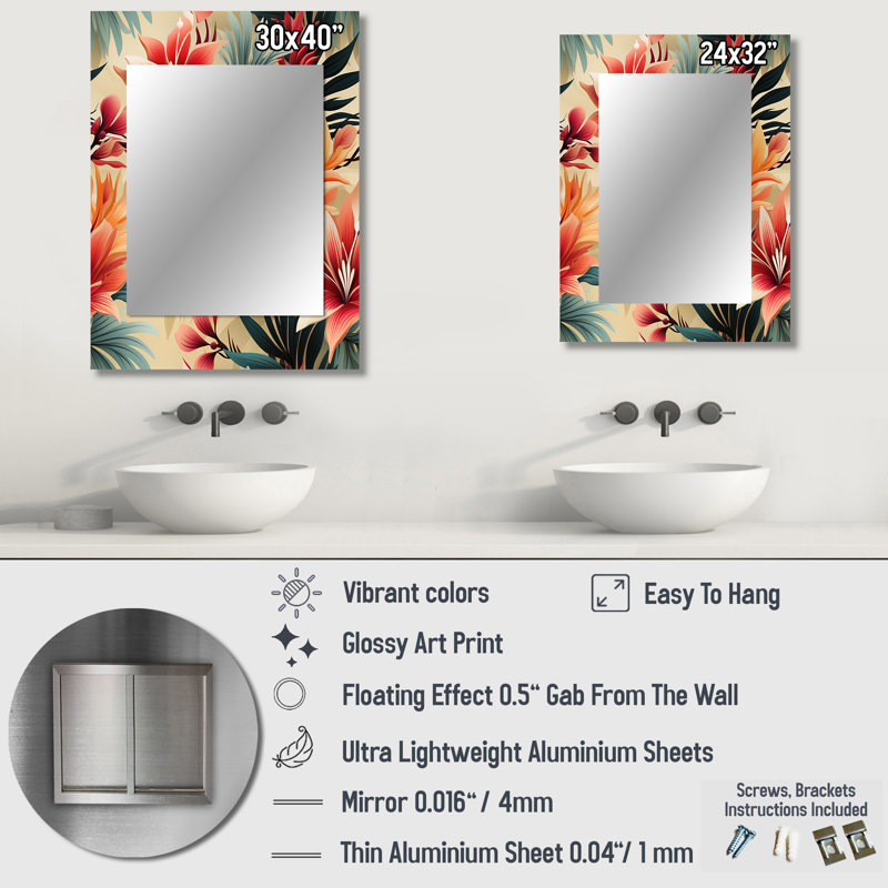Motif botanique Brenesha, coucher de soleil tropical, grand miroir floral, 32 po x 24 po