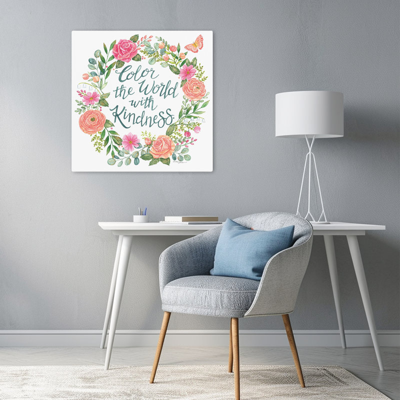 «Color The World With Kindness», art floral typographique contemporain, H 24 po x l 24 po