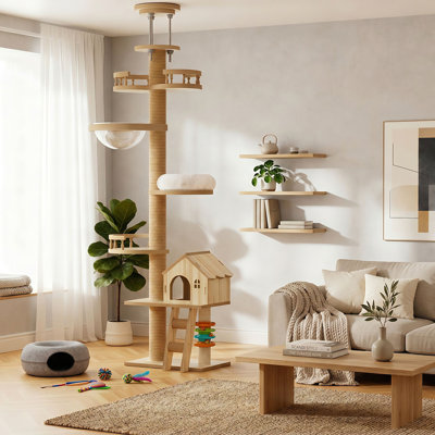 Arbre à chat en bois à hauteur réglable pour plancher et plafond à hauteur réglable