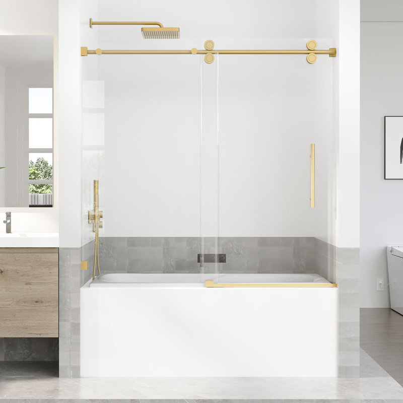 56"-60" W x 66" H Single Sliding Frameless Shower Door with 3/8" Tempered Clear Glass, Brushed Gold