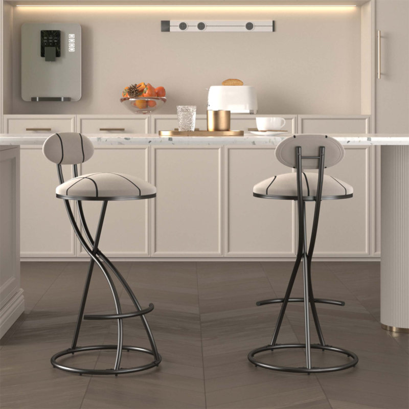 Upholstered Bar Stools Set Of 2 Striped Counter Height Modern Velvet Dining Chairs For Kitchen Island And Living Room, Black
