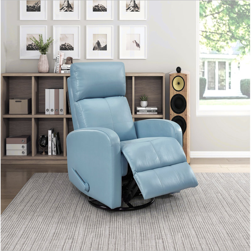 Sery Swivel Glider Manual Reclining Chair W Pull Handle, Blue Leather, Blue