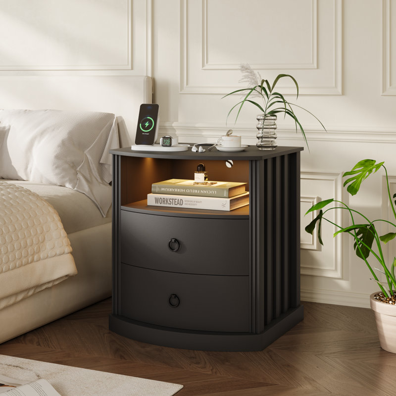 Modern Curved Nightstand with Light & Power Outlet, Wood Finish Bedside Table with Drawer & Open Shelf, Black