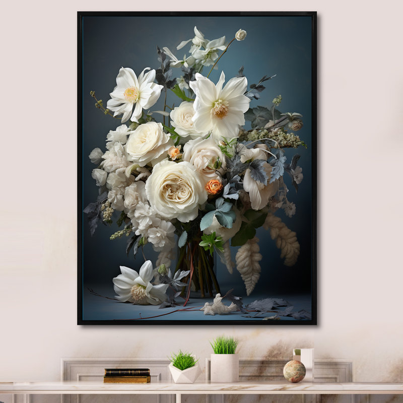 Captola blanc bleu saisonnier fleurs Seasonal Elegance II - impression, H 20 po x l 12 po x P 1 po, Cadre flottant noir
