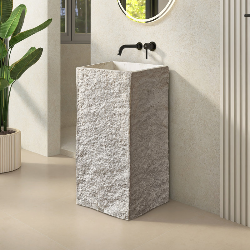 34" Tall Rectangular Pedestal Bathroom Sink,Premium Stone Resin Freestanding Bathroom Sink 