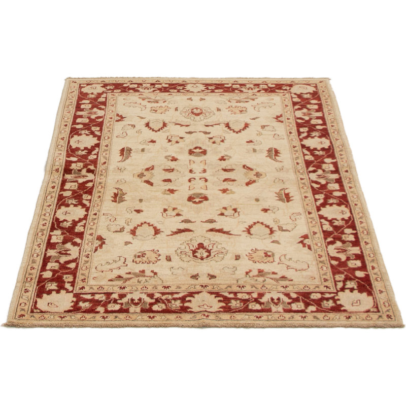 Tapis crème en laine noué à la main de conception unique 4 pi 10 po x 6 pi 5 po Prunier