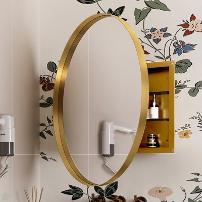 31.5 Inch Surface Mount Round Metal Framed Medicine Cabinet With Mirror And Adjustable Shelves Wall Mirror With Storage For Bathroom(Bathroom Cabinet)