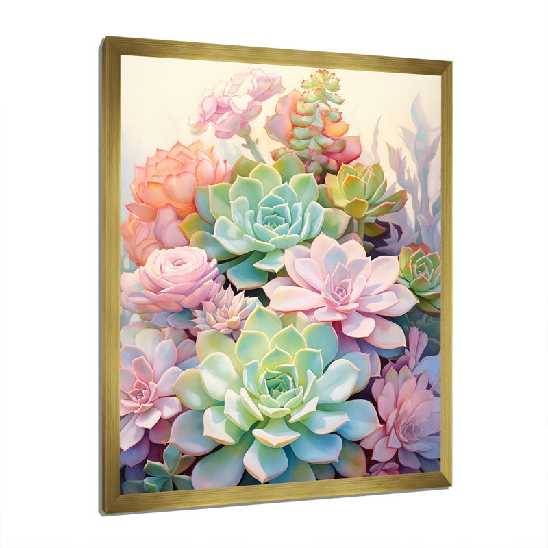 «Daerion Green Pink Succulents Succulent Serenade», reproduction sur toile, H 32 po x l 24 po x P 1 po, Cadre doré simple