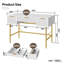Bureau d'écriture 47 po blanc pour bureau à domicile, coiffeuse cannelée avec 3 tiroirs et pieds dorés