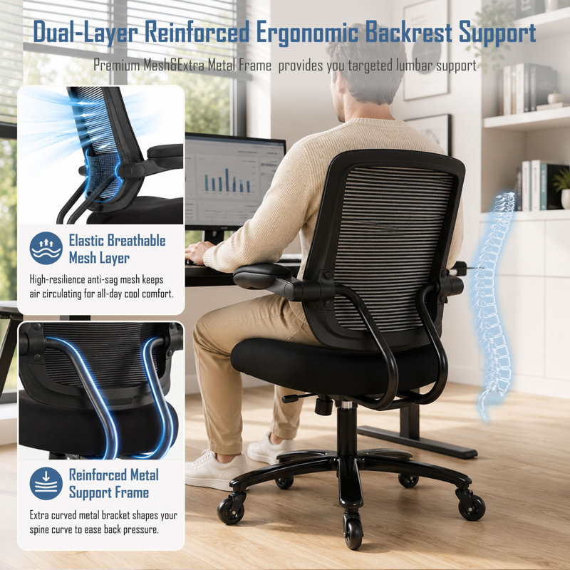 Big and Tall Mesh Office Chair,500LBS  Heavy Duty Adjustable Desk Chair With Flip Up Armrests, Black, Without Headrest