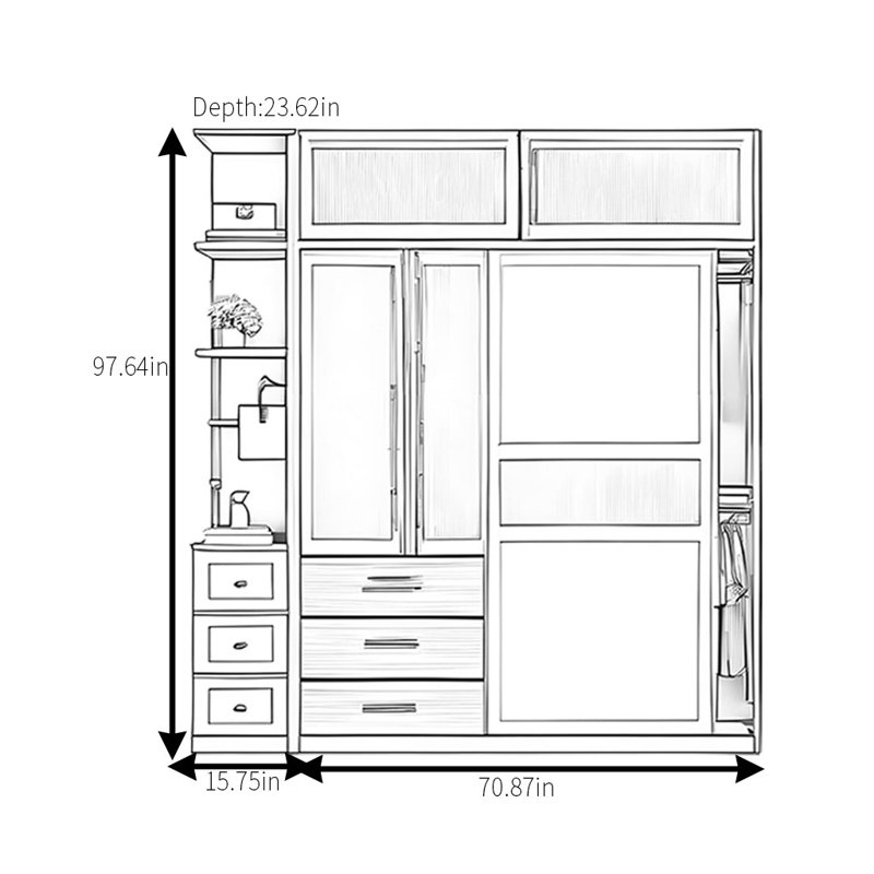 Simple And Elegant Wicker Sliding Wardrobe, 97.64" H x 86.61" W x 23.62" D