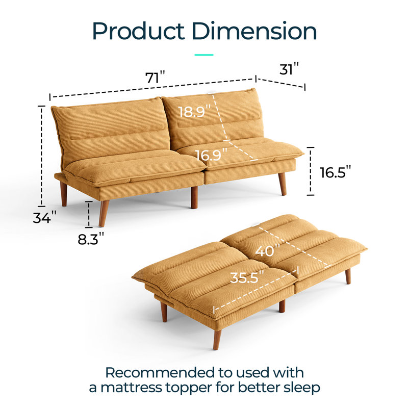 Torrence 70" Corduroy Convertible Sofa, Yellow Corduroy