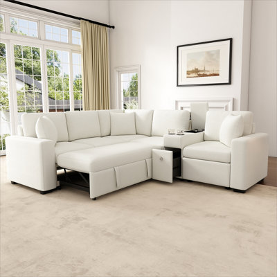 Canapé-lit modulaire convertible en L 120,5 po avec canapé-lit modulaire réversible avec lit escamotable, porte-gobelets et grand espace de rangement pour le salon, blanc