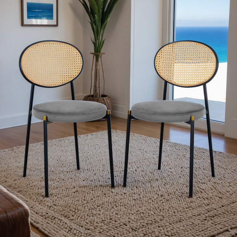 Modern Velvet Dining Side Chair with Rattan Back and Black Metal Legs for Kitchen or Dining Room, Gray