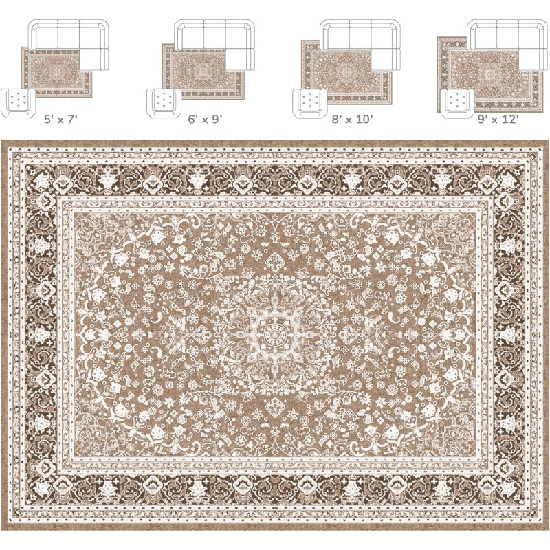 5'X7' Washable Vintage Boho Floral Area Rugs Super Soft Faux-Wool Non-Slip Low Pile Brown White, Rectangle 5' x 7'