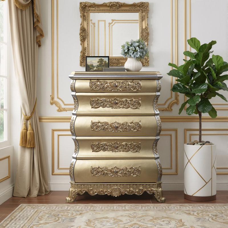 Victoria 5-Drawer Cabriole Chest, Gold Finish, Gold