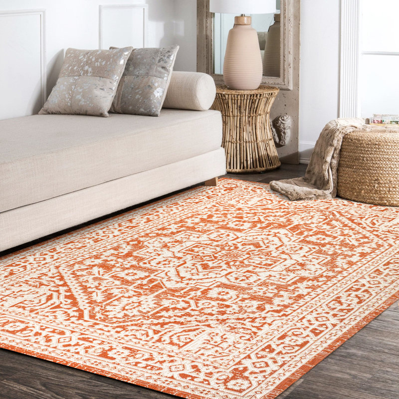 Moten Medallion Textured Weave Orange/Cream Indoor/Outdoor Rug, Rectangle 7'9" x 10'