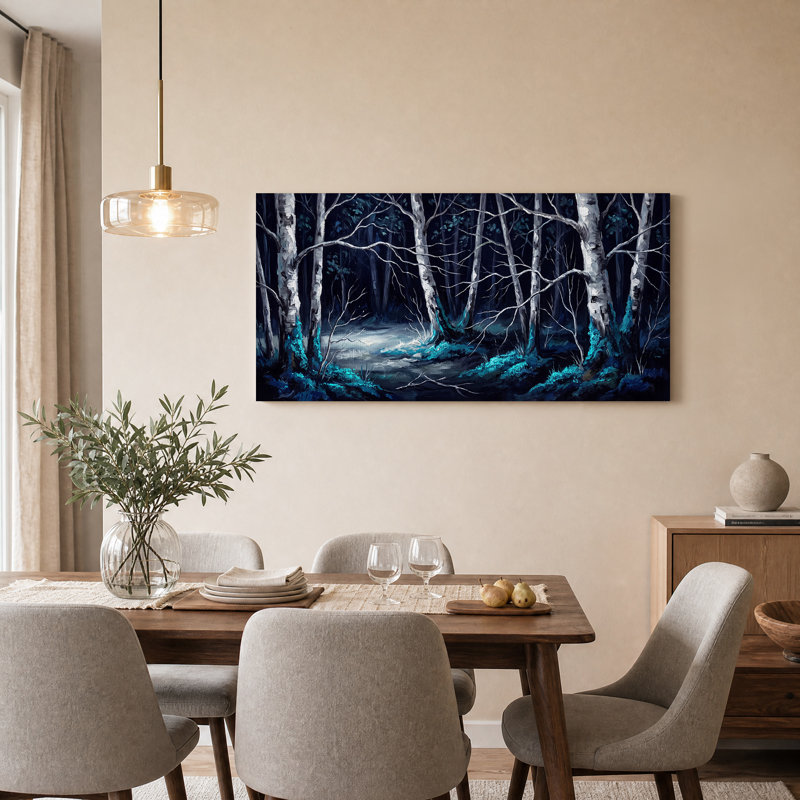 Art mural sur toile de forêt de bouleaux bleu foncé et bleu sarcelle, H 12 po x l 18 po