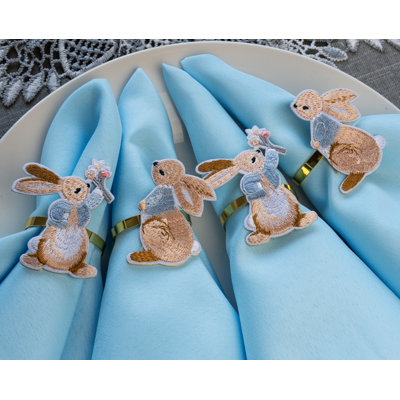 Rond de serviette de Pâques, motif de lapin de Pâques, bleu et brun, ensemble de 4
