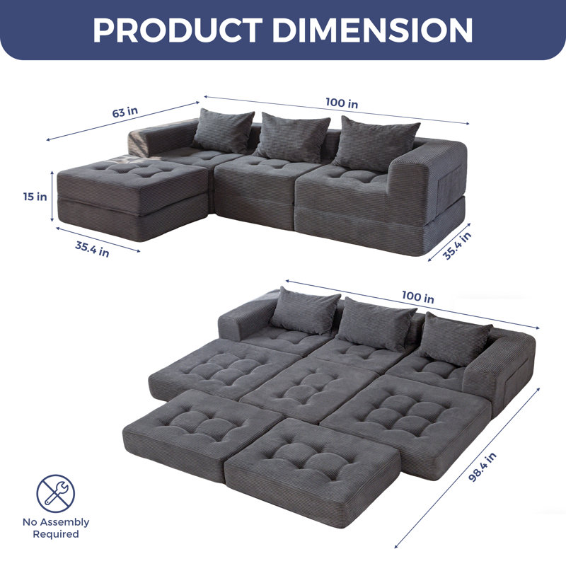  Modular Sectional Sofa Couch Foldable L-shaped Folding Sofa Bed Compression Sofa, Gray