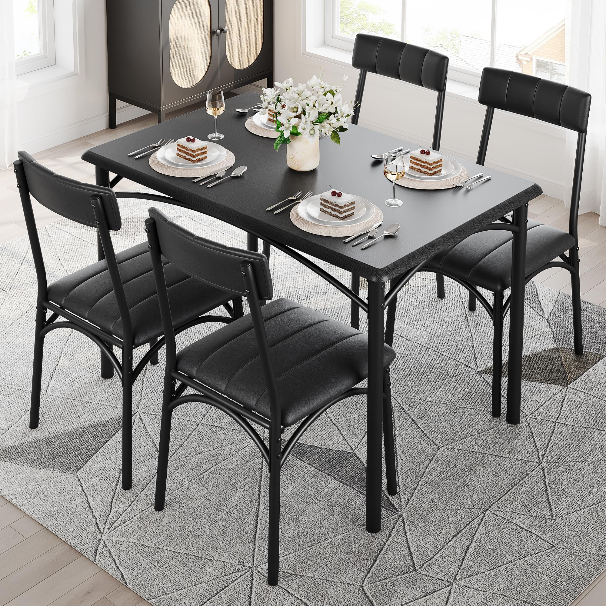 Ebern Designs Black 5 Piece Dining Set With 4 Upholstered Chairs For ...