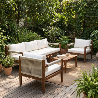 3-Piece Rope Woven Outdoor Sectional Sofa Set with Acacia Wood Frame, Water-Resistant Removable Cushions, Deep Seating for Patio, Poolside, Backyard