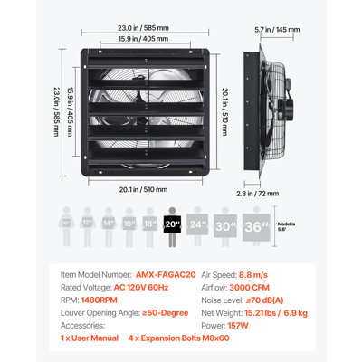Ventilateur de 20 pouces à obturateur, ventilateur de grenier mural avec débit d'air de 3000 pi³ / min, moteur à courant alternatif, fabrication en acier robuste, faible bruit pour remise, garage, refroidissement de serre, argent