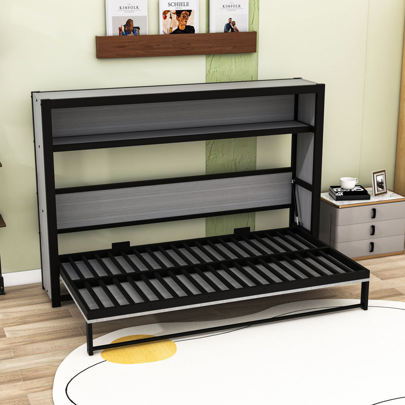 Lit escamotable simple en métal avec tablettes intégrées, Gris
