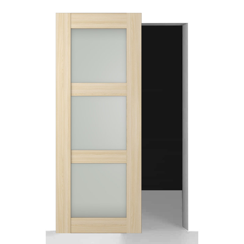 Porte de grange coulissante cachée à panneaux en bois manufacturé et en verre givré Avon 3 Lite sans panneau de base avec trousse de quincaillerie d'installation Avon