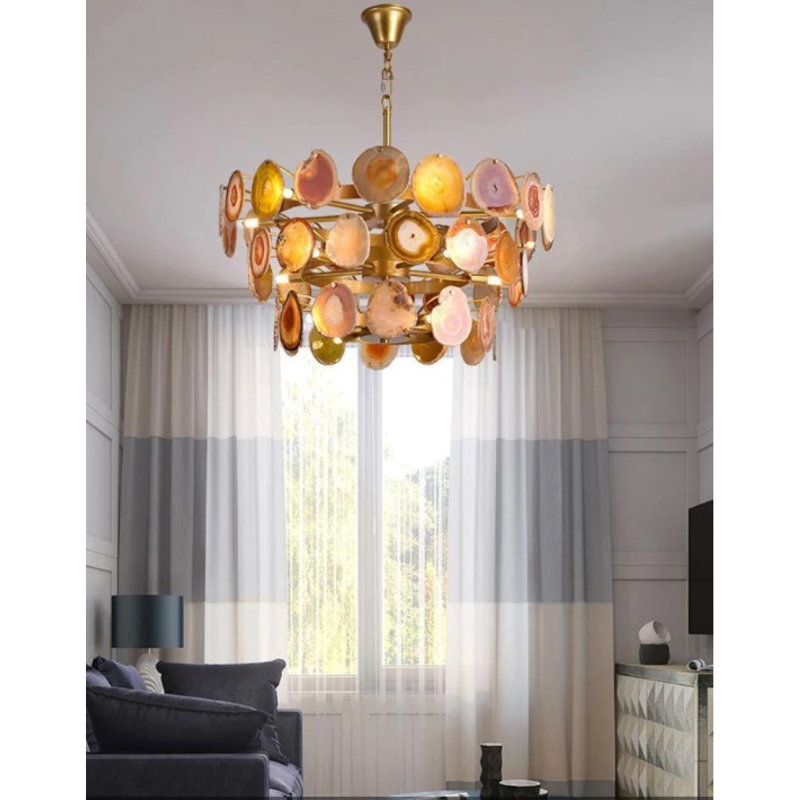 Lustre suspendu en agate Kallol Light, Bleu multicolore, Laiton poli, 14” Length x 14” Width x 30” Height