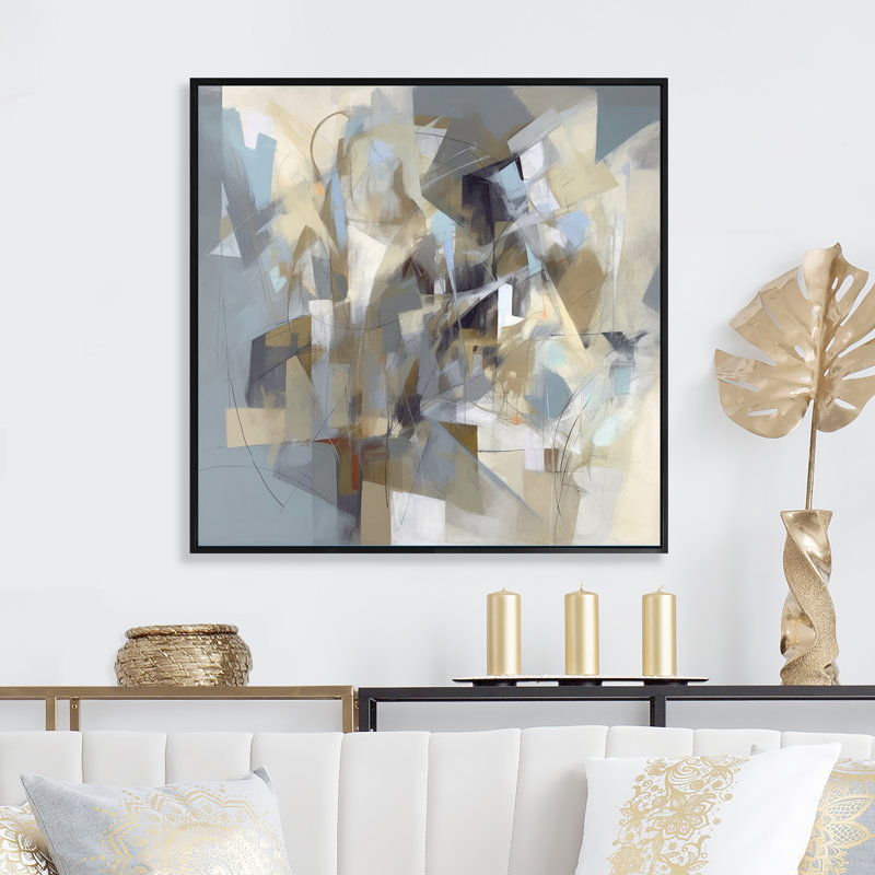 Beige et gris, Créature sans limite III - peinture abstraite, art mural, H 24 po x l 24 po x P 1 po, Cadre flottant noir
