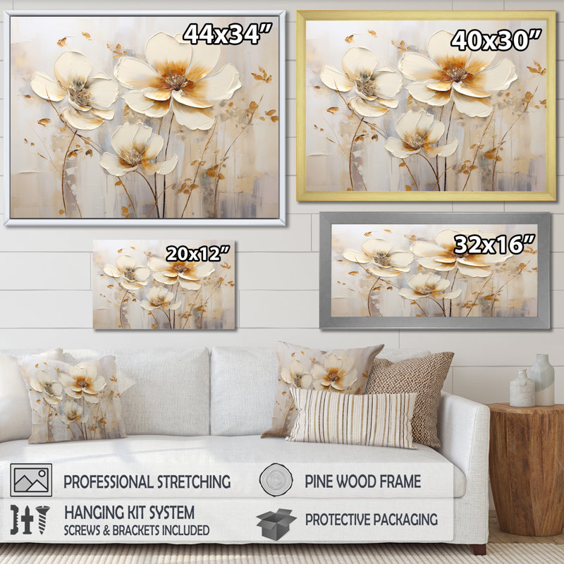 Transitions florales beiges sérénité sur toile, Cadre naturel flottant, H 34 po x l 44 po
