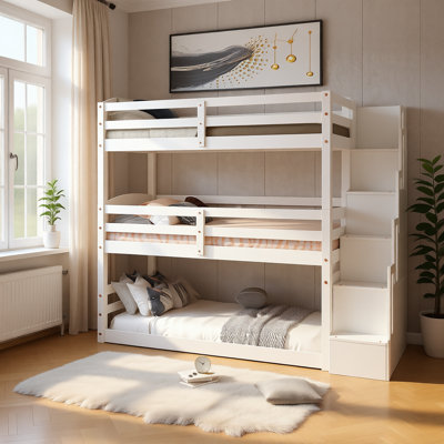 Twin Size Triple Bunk Bed with Storage Staircase, Convertible 3 Beds in 1, Solid Wood Separate Design Bunk & Platform Bed Set for Kids or Guest Room, White