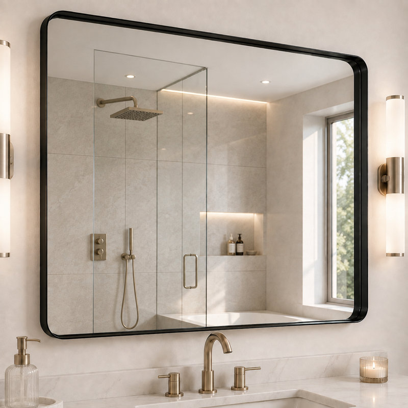 Miroir de salle de bain rectangulaire arrondi avec cadre en aluminium noir et verre trempé, 40" x 36"