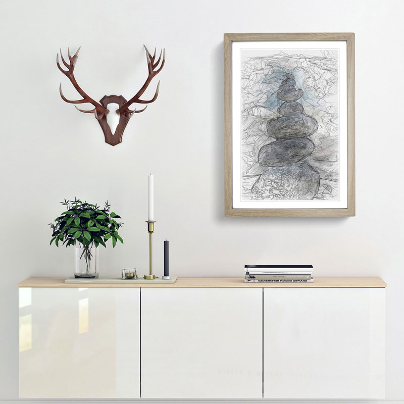 Stacked Zen Stones in Abstract - Framed Print, 65cm H x 48cm W x 2cm D, Oak Framed