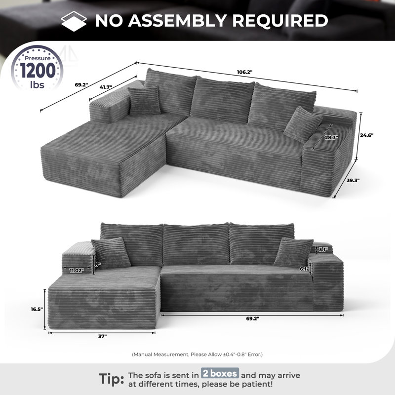Canapé modulaire en nuage de 106 po avec méridienne longue, canapé modulaire en forme de L sans siège avec assise profonde, canapé-lit moelleux en velours côtelé confortable, aucun assemblage requis pour le salon