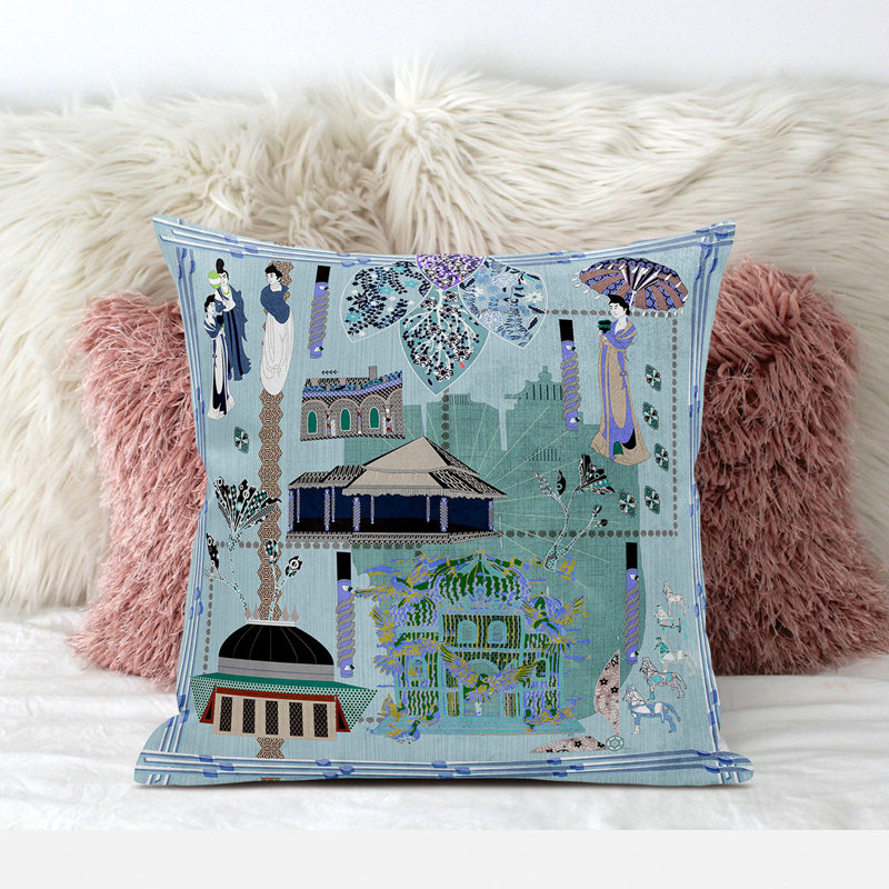 Housse et insert de coussin carré en polyester intérieur / extérieur, 20 po x 20 po, Gris / Beige / Bleu