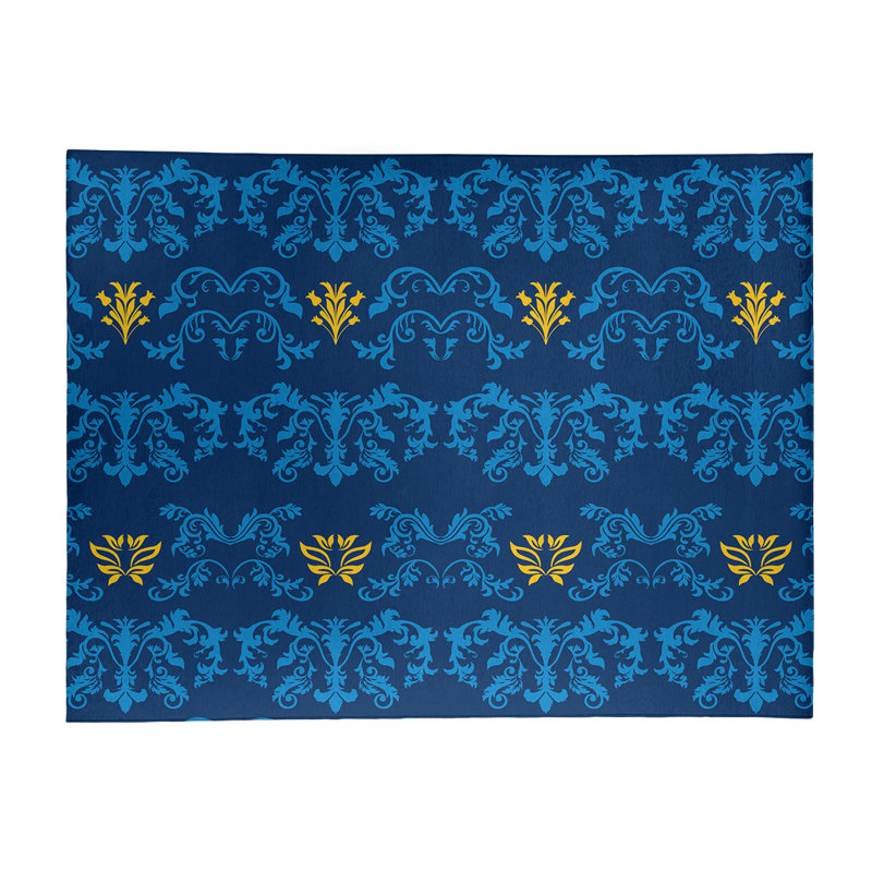Tapis bleu marine / jaune Damask, Rectangle 5 pi x 7 pi