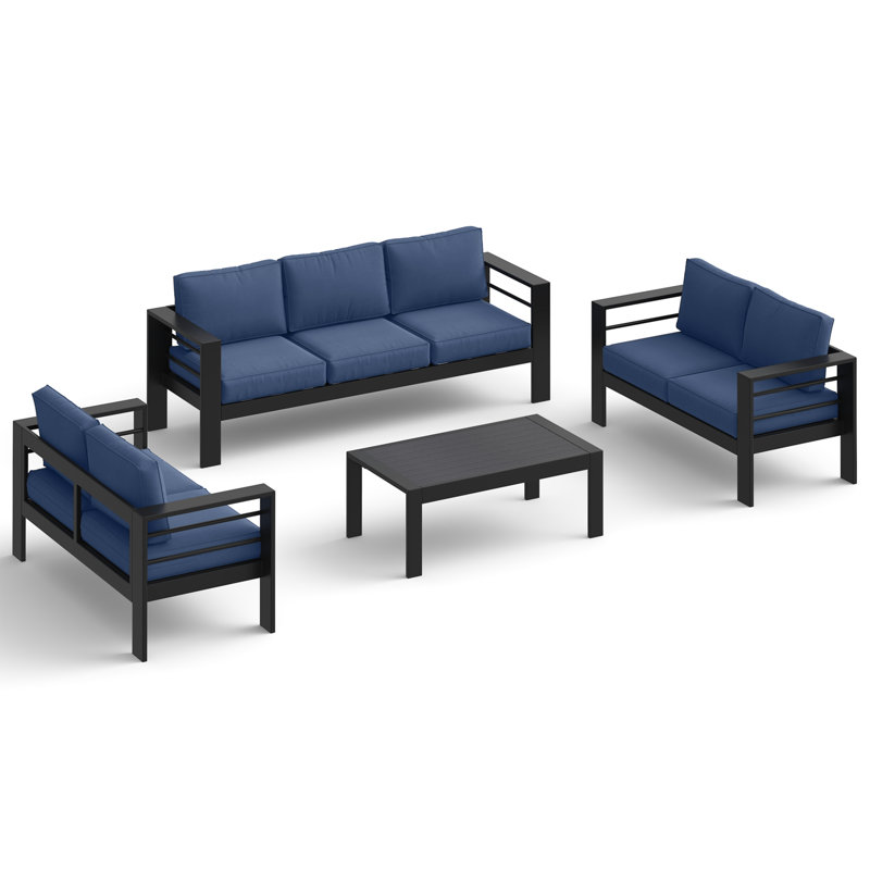 Ensemble de conversation de patio 4 pièces en aluminium avec coussins, Structure noire / Coussin bleu