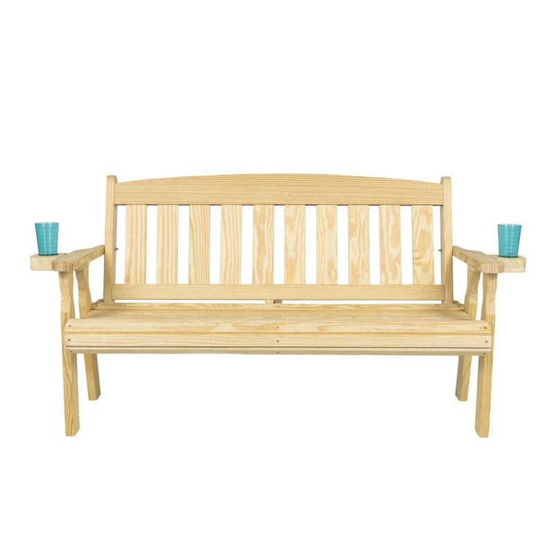 Banc de jardin Mission en pin traité sous pression de 1,80 m avec porte-gobelets, Unfinished