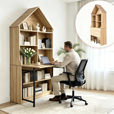 Bookshelf with Fold out Desk:73.22"House-shaped Bookcase with Storage,Adjustable Height,Convertible Hideaway Desk to bookshelf,convertible folding desks for Small Spaces - for Living Room Home Office