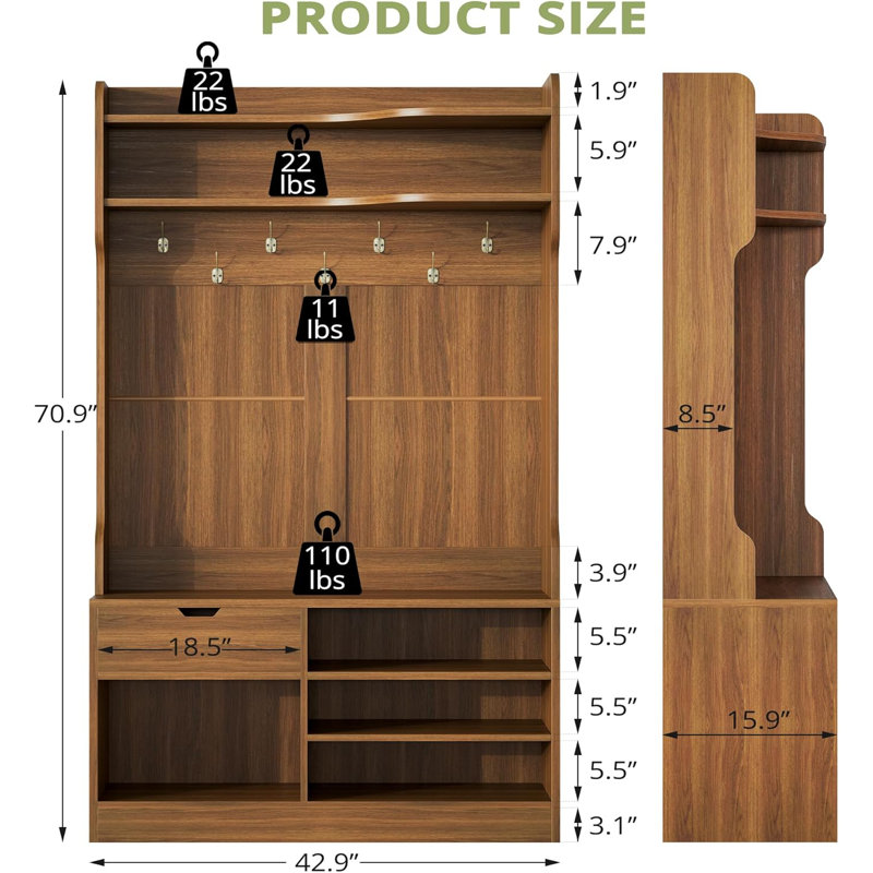 71" Hall Tree With Bench And Shoe Storage, Farmhouse Coat Rack With Hooks, Brown 